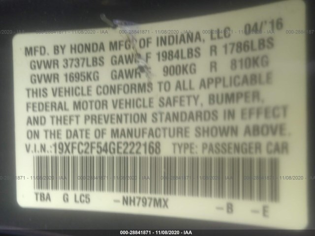 Photo 8 VIN: 19XFC2F54GE222168 - HONDA CIVIC SEDAN 