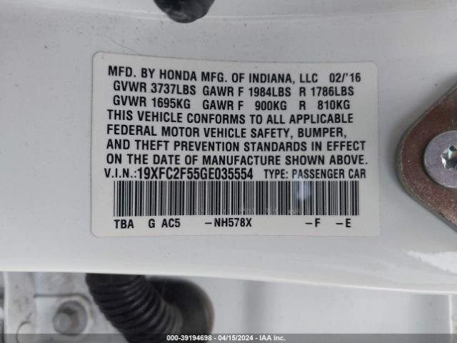 Photo 8 VIN: 19XFC2F55GE035554 - HONDA CIVIC 