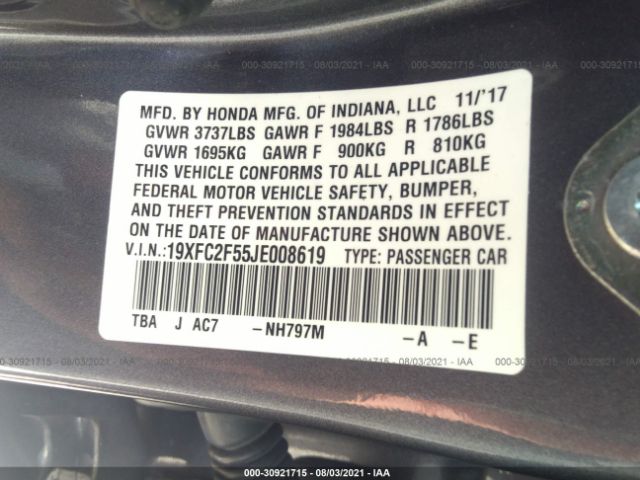 Photo 8 VIN: 19XFC2F55JE008619 - HONDA CIVIC SEDAN 