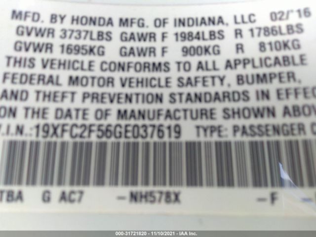 Photo 8 VIN: 19XFC2F56GE037619 - HONDA CIVIC SEDAN 