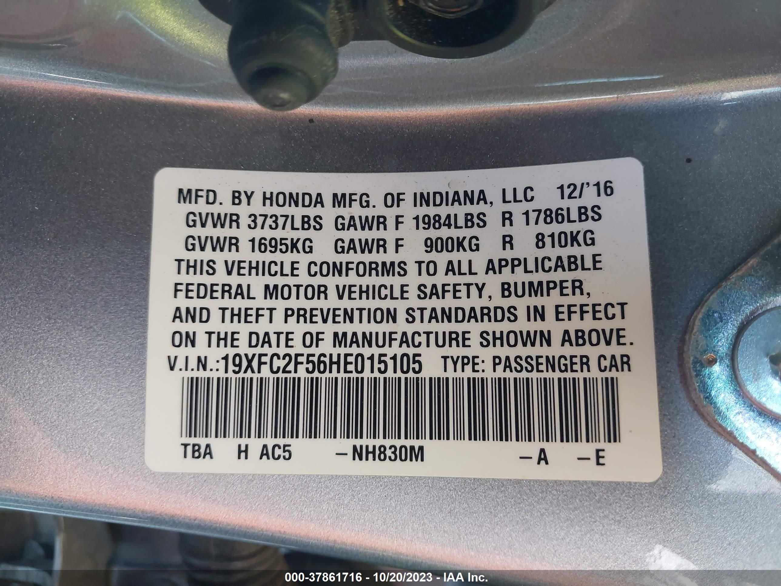 Photo 8 VIN: 19XFC2F56HE015105 - HONDA CIVIC LX 