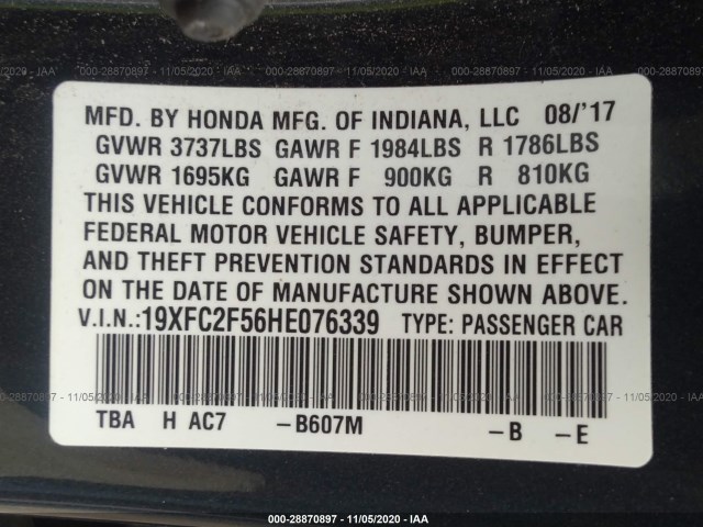 Photo 8 VIN: 19XFC2F56HE076339 - HONDA CIVIC SEDAN 