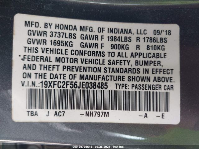 Photo 8 VIN: 19XFC2F56JE038485 - HONDA CIVIC 