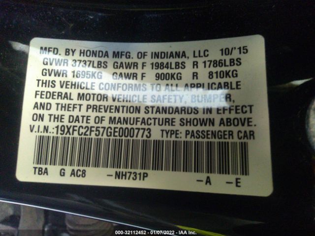 Photo 8 VIN: 19XFC2F57GE000773 - HONDA CIVIC SEDAN 