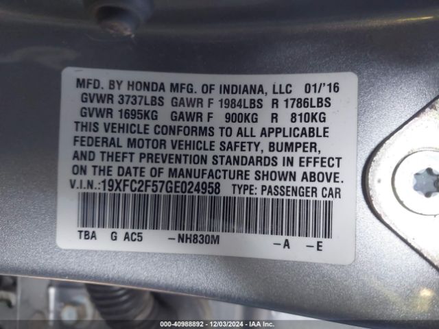 Photo 8 VIN: 19XFC2F57GE024958 - HONDA CIVIC 