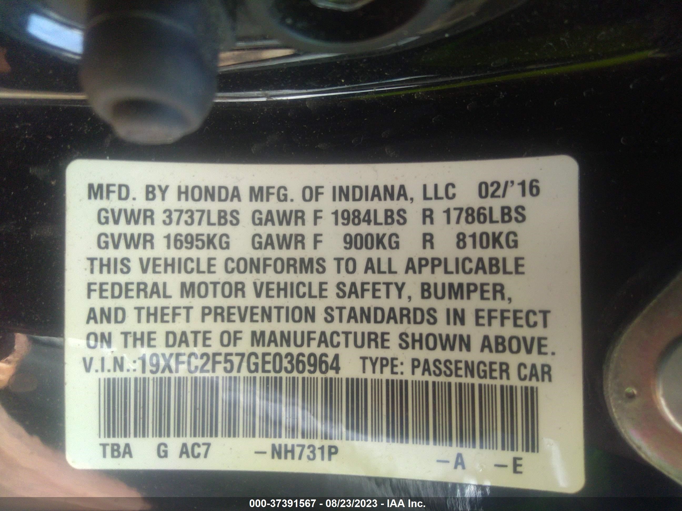 Photo 8 VIN: 19XFC2F57GE036964 - HONDA CIVIC 