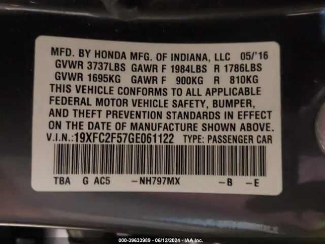 Photo 8 VIN: 19XFC2F57GE061122 - HONDA CIVIC 