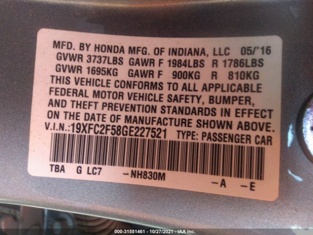 Photo 8 VIN: 19XFC2F58GE227521 - HONDA CIVIC SEDAN 