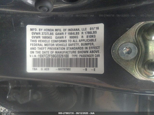 Photo 8 VIN: 19XFC2F59GE026100 - HONDA CIVIC SEDAN 