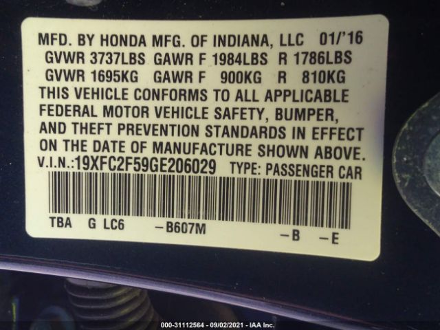 Photo 8 VIN: 19XFC2F59GE206029 - HONDA CIVIC SEDAN 