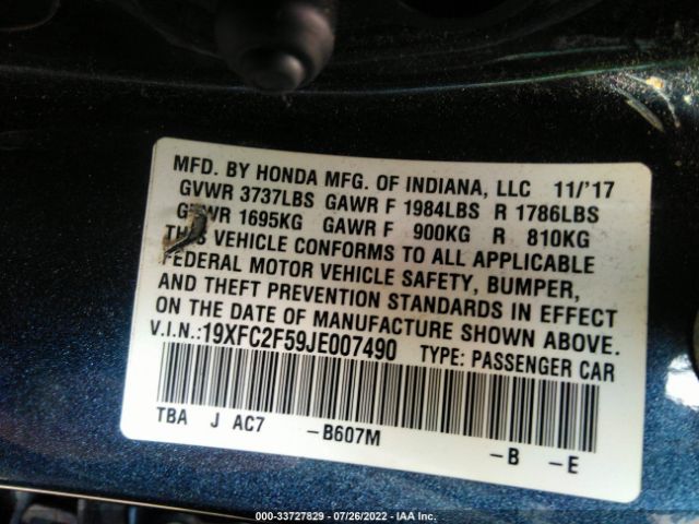 Photo 8 VIN: 19XFC2F59JE007490 - HONDA CIVIC SEDAN 