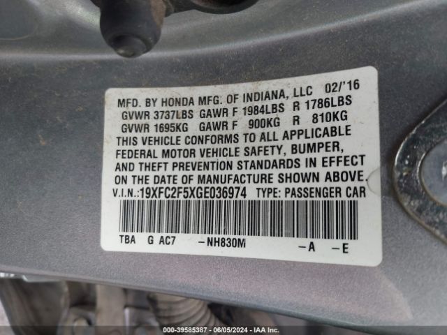 Photo 8 VIN: 19XFC2F5XGE036974 - HONDA CIVIC 