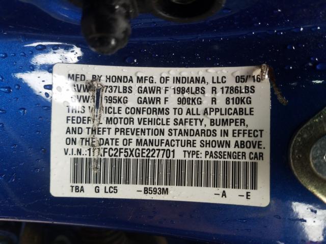 Photo 9 VIN: 19XFC2F5XGE227701 - HONDA CIVIC LX 