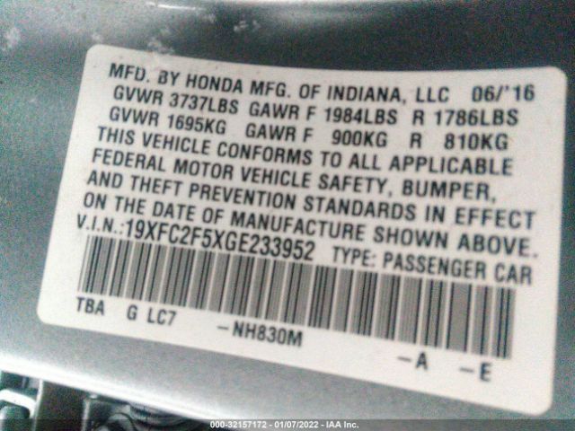 Photo 8 VIN: 19XFC2F5XGE233952 - HONDA CIVIC SEDAN 