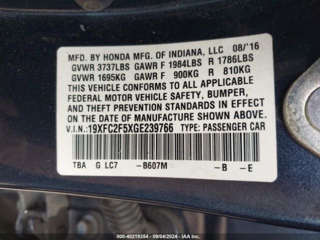 Photo 8 VIN: 19XFC2F5XGE239766 - HONDA CIVIC 