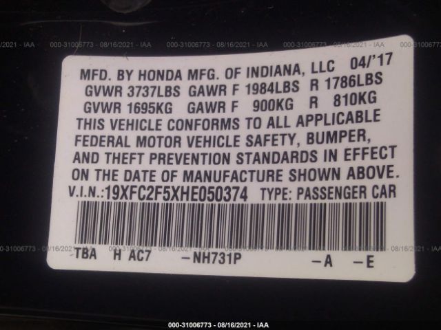 Photo 8 VIN: 19XFC2F5XHE050374 - HONDA CIVIC SEDAN 