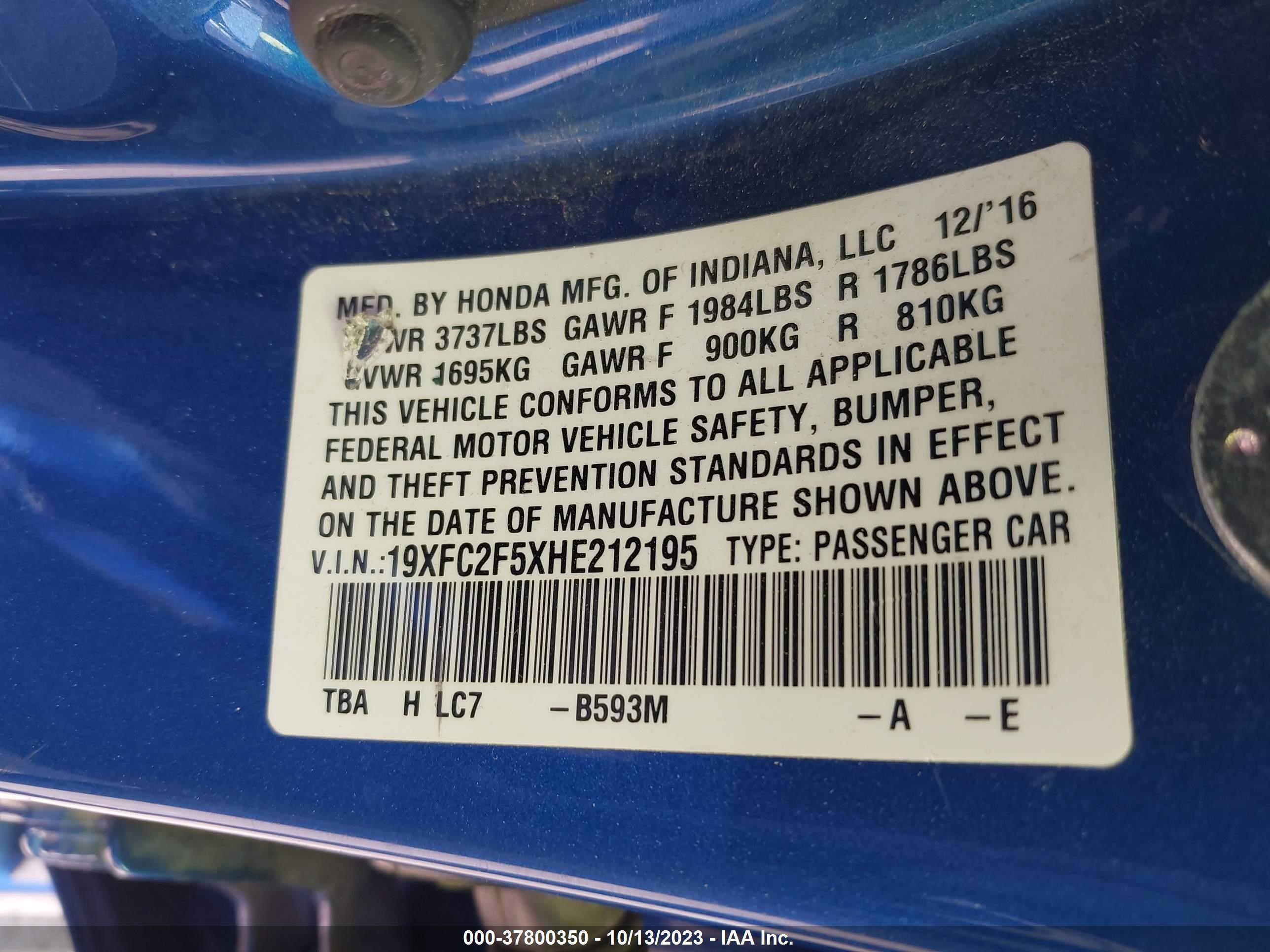 Photo 8 VIN: 19XFC2F5XHE212195 - HONDA CIVIC 