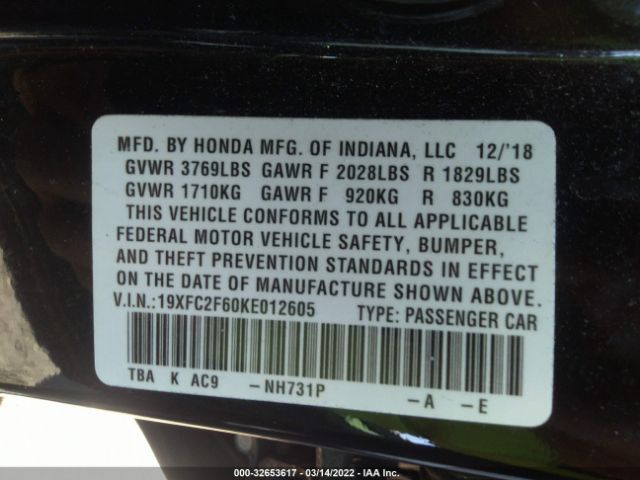 Photo 8 VIN: 19XFC2F60KE012605 - HONDA CIVIC SEDAN 