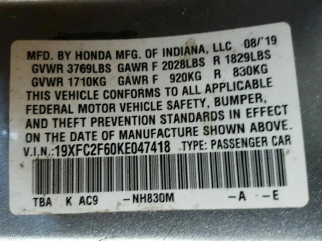 Photo 9 VIN: 19XFC2F60KE047418 - HONDA CIVIC LX 