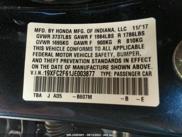 Photo 8 VIN: 19XFC2F61JE003877 - HONDA CIVIC SEDAN 