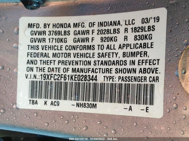 Photo 8 VIN: 19XFC2F61KE028344 - HONDA CIVIC SEDAN 