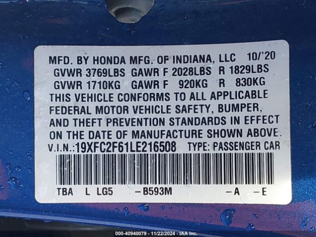 Photo 8 VIN: 19XFC2F61LE216508 - HONDA CIVIC 