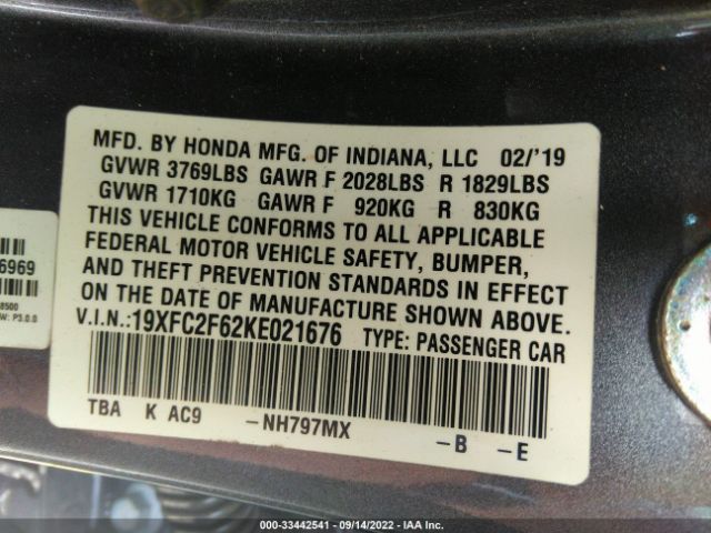 Photo 8 VIN: 19XFC2F62KE021676 - HONDA CIVIC SEDAN 