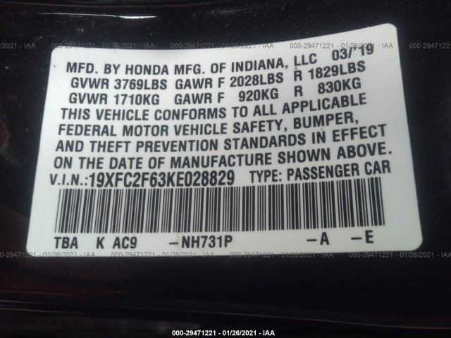 Photo 8 VIN: 19XFC2F63KE028829 - HONDA CIVIC SEDAN 