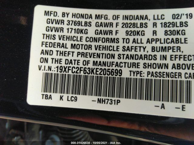 Photo 8 VIN: 19XFC2F63KE205699 - HONDA CIVIC SEDAN 