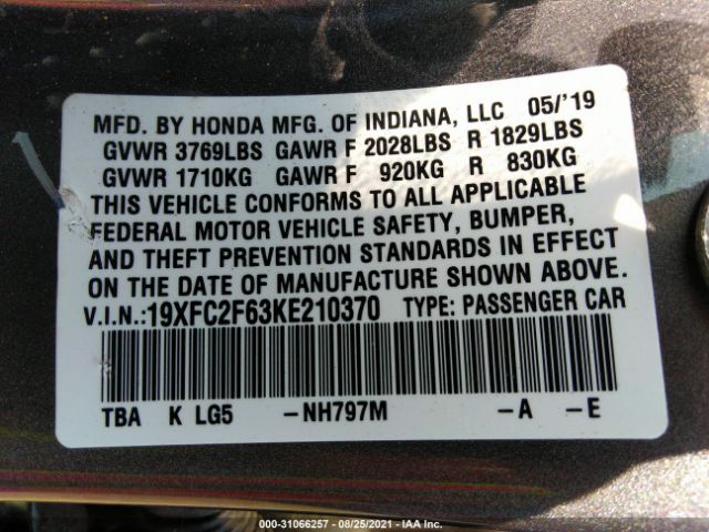 Photo 8 VIN: 19XFC2F63KE210370 - HONDA CIVIC SEDAN 