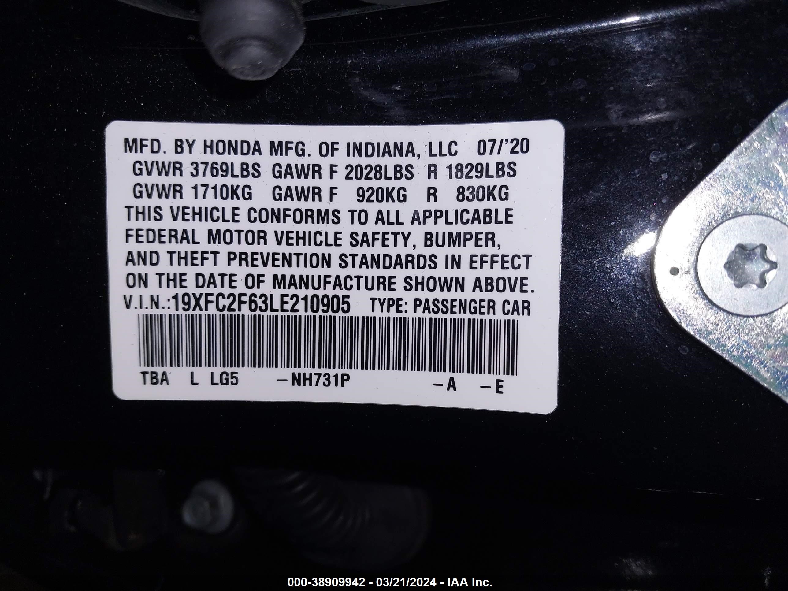 Photo 16 VIN: 19XFC2F63LE210905 - HONDA CIVIC 