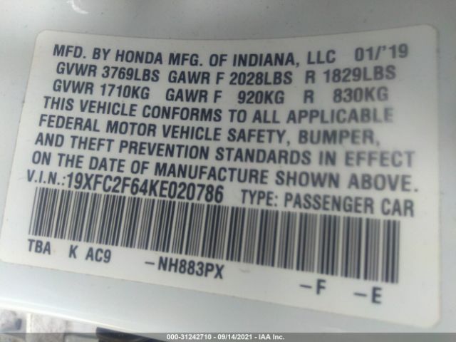 Photo 8 VIN: 19XFC2F64KE020786 - HONDA CIVIC SEDAN 