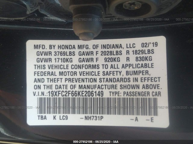 Photo 8 VIN: 19XFC2F66KE206149 - HONDA CIVIC SEDAN 