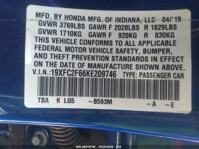 Photo 8 VIN: 19XFC2F66KE209746 - HONDA CIVIC SEDAN 