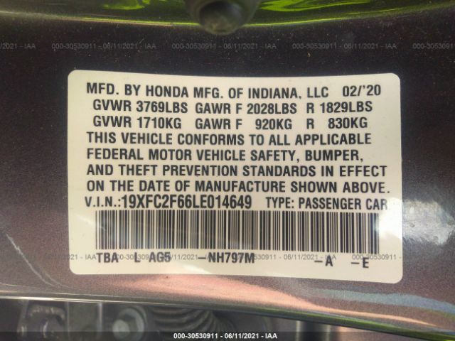 Photo 8 VIN: 19XFC2F66LE014649 - HONDA CIVIC SEDAN 