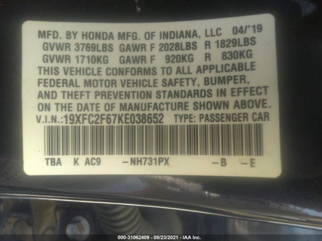 Photo 8 VIN: 19XFC2F67KE038652 - HONDA CIVIC SEDAN 