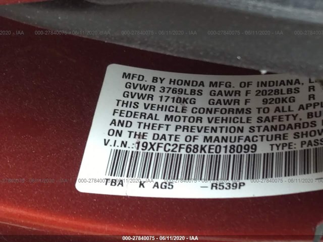 Photo 8 VIN: 19XFC2F68KE018099 - HONDA CIVIC SEDAN 