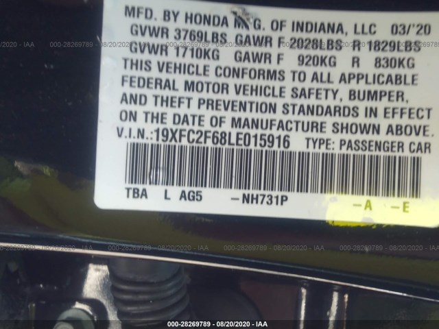 Photo 8 VIN: 19XFC2F68LE015916 - HONDA CIVIC SEDAN 