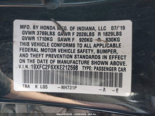 Photo 8 VIN: 19XFC2F6XKE212598 - HONDA CIVIC 