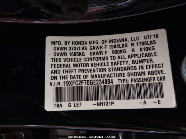 Photo 8 VIN: 19XFC2F70GE234884 - HONDA CIVIC 