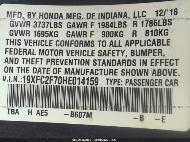 Photo 8 VIN: 19XFC2F70HE014159 - HONDA CIVIC SEDAN 