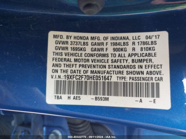 Photo 8 VIN: 19XFC2F70HE051647 - HONDA CIVIC 