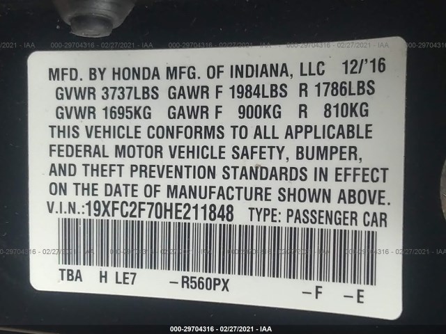 Photo 8 VIN: 19XFC2F70HE211848 - HONDA CIVIC SEDAN 