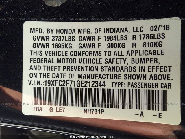 Photo 8 VIN: 19XFC2F71GE212344 - HONDA CIVIC SEDAN 