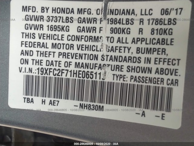 Photo 8 VIN: 19XFC2F71HE065119 - HONDA CIVIC SEDAN 