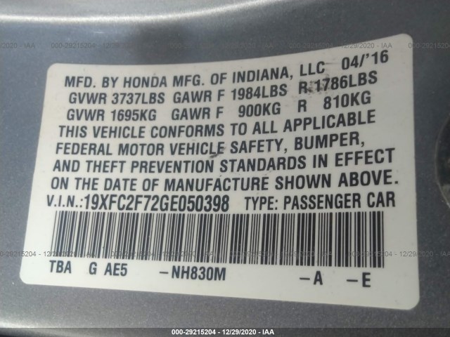 Photo 8 VIN: 19XFC2F72GE050398 - HONDA CIVIC SEDAN 