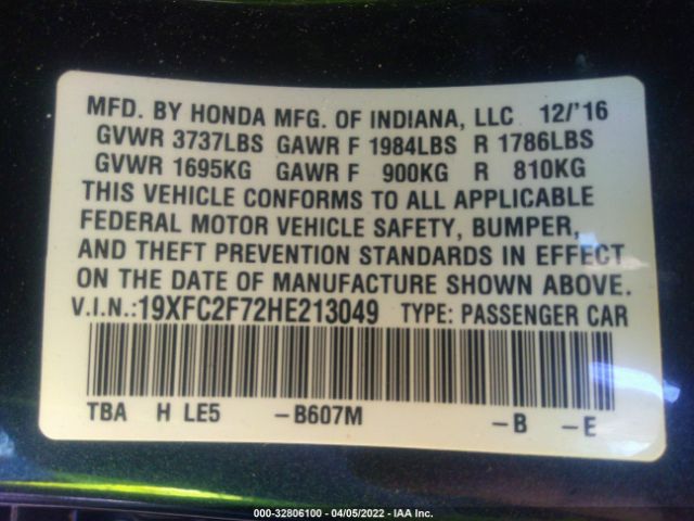 Photo 8 VIN: 19XFC2F72HE213049 - HONDA CIVIC SEDAN 