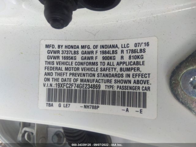 Photo 8 VIN: 19XFC2F74GE234869 - HONDA CIVIC SEDAN 