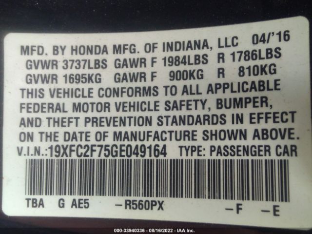 Photo 8 VIN: 19XFC2F75GE049164 - HONDA CIVIC SEDAN 