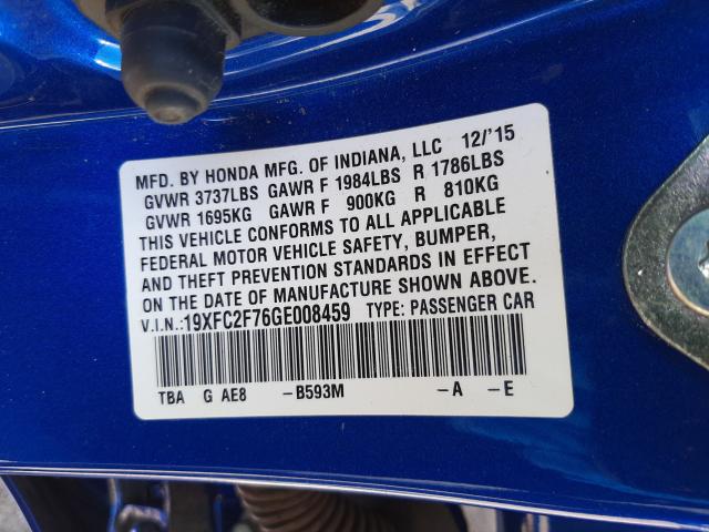 Photo 9 VIN: 19XFC2F76GE008459 - HONDA CIVIC EX 